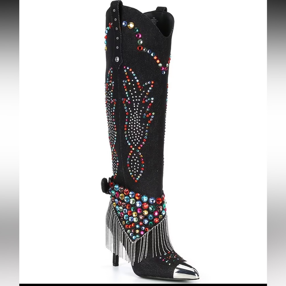 Kaitrin Rainbow Rhinestone Fringe Bandana Over The Knee High Tall Boots Size 9